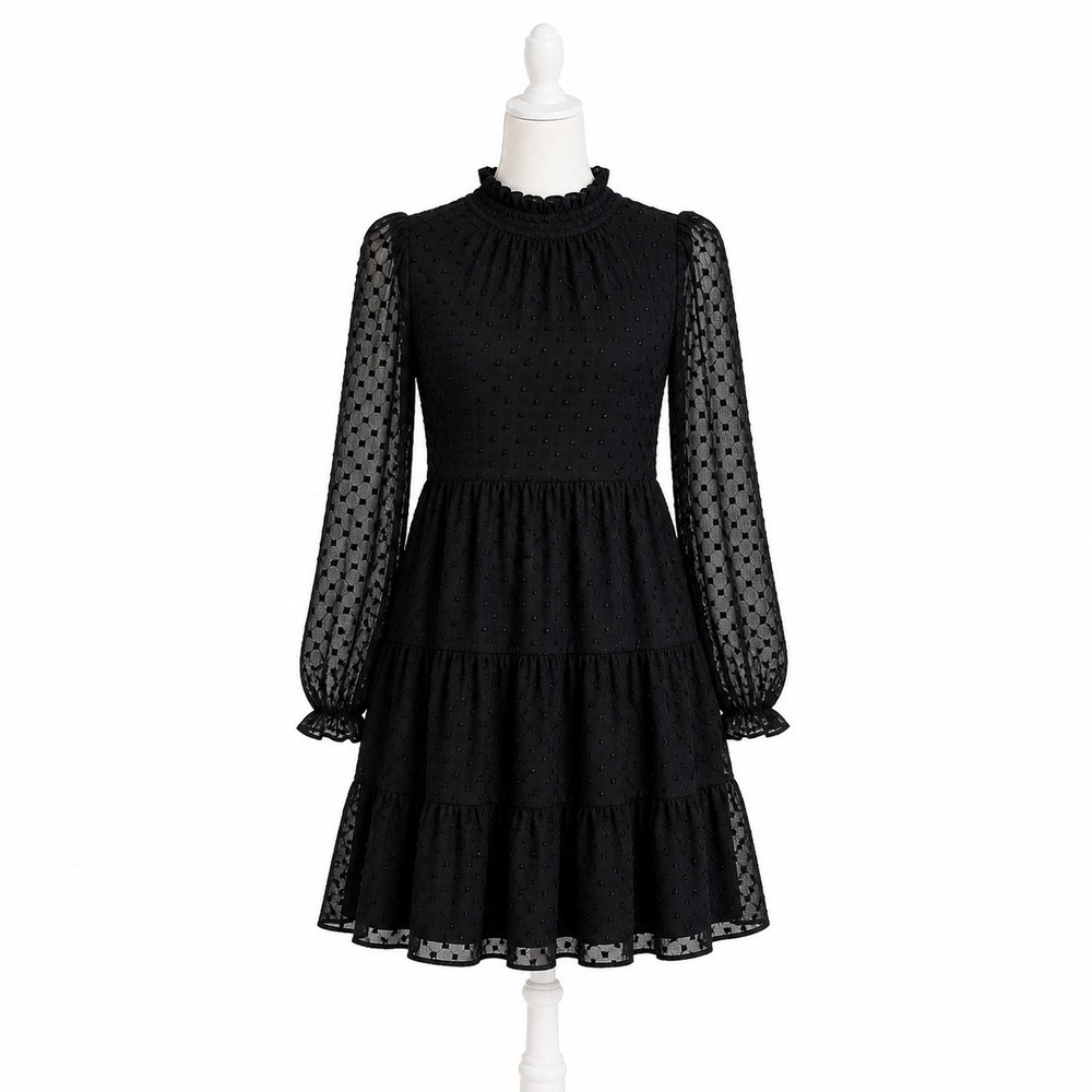 Trixx Mini Dress M Black Swiss Dot Tiered Ruffle coquette Whimsigoth fairy Party